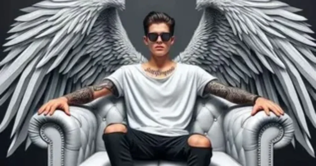 Attitude boy with sunglasses and tattoos sitting on a white chair with big angel wings