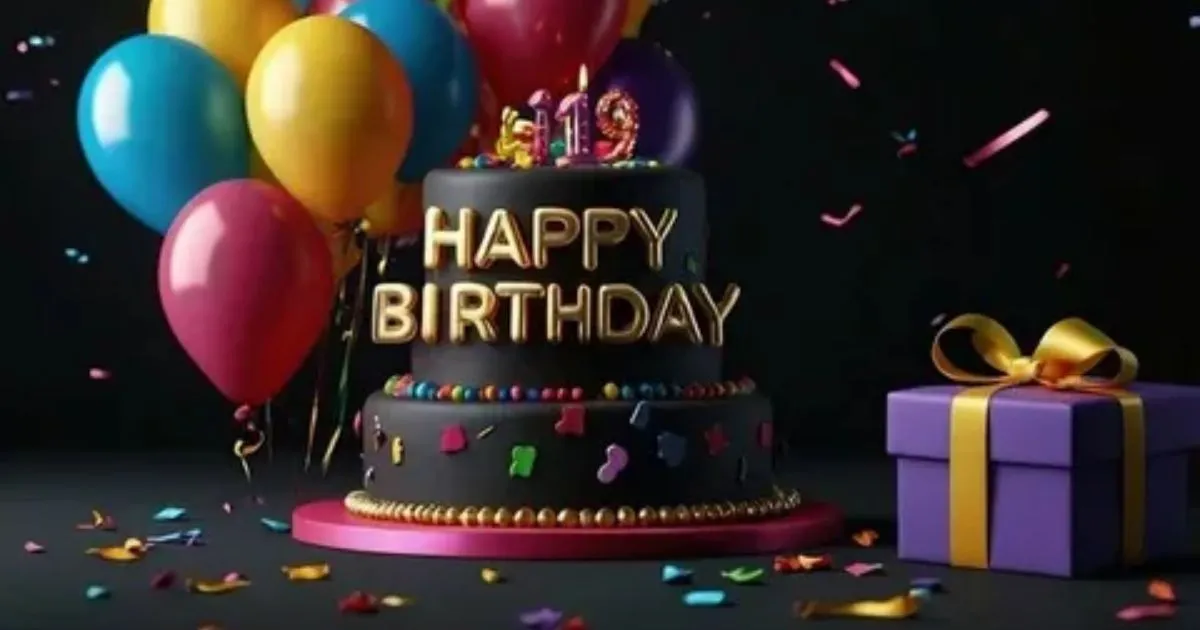 Happy birthday cake with colorful balloons and gift box