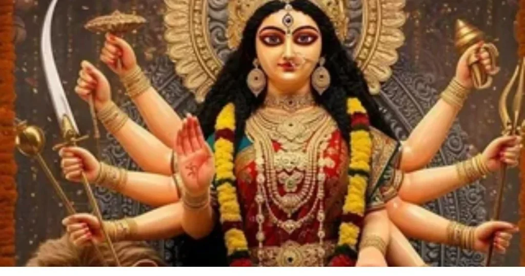 Maa Durga ki pratima das bhujaon aur astr-shastr ke saath