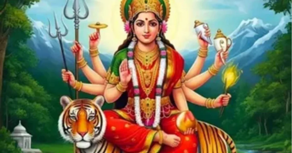 Maa Durga riding a tiger with weapons