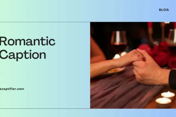 Romantic Caption blog banner showing couple holding hands at candlelit dinner table with wine and roses