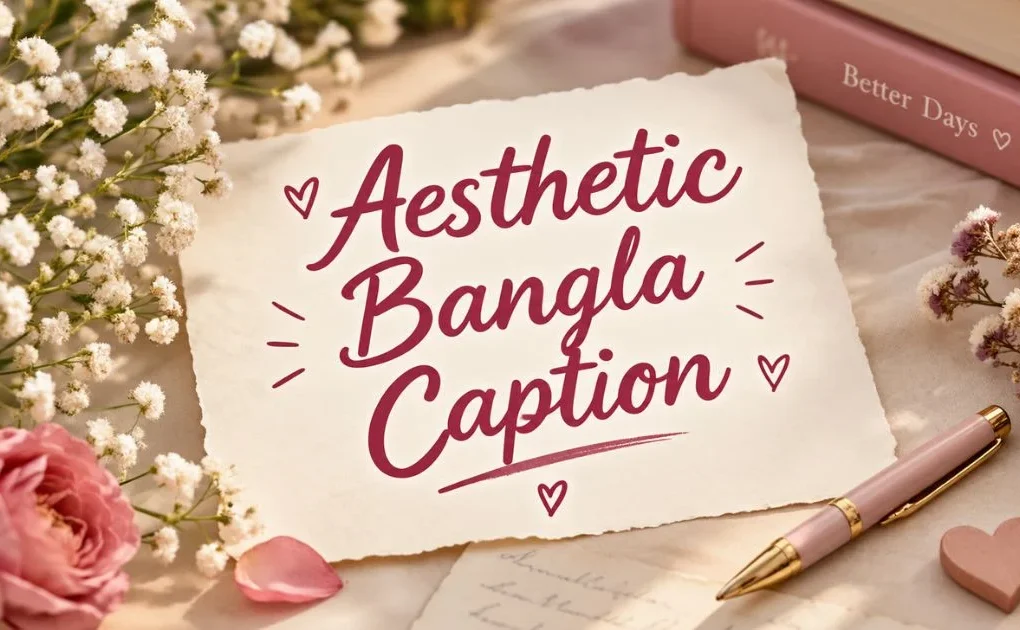Aesthetic Bangla caption featured image with pink roses, white flowers, books, and a handwritten lettering design.