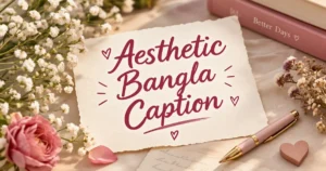 Aesthetic Bangla caption featured image with pink roses, white flowers, books, and a handwritten lettering design.