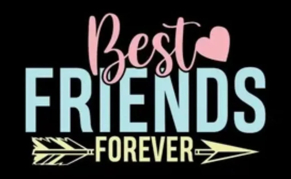 Best Friends Forever lettering design with pink heart and decorative arrows on a black background.