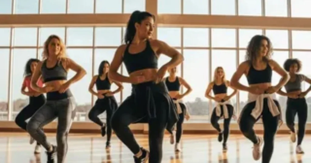 Women performing a group dance workout in a bright studio with large windows